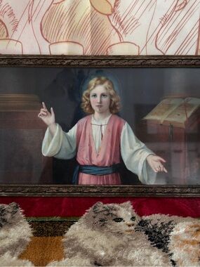 Antique young Jesus painting print in wooden frame 9x16”